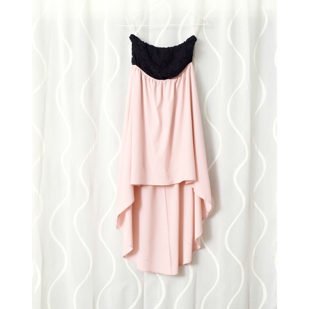 Pink & Black Strapless Flowy Lace High-low Maxi Dress | Size S